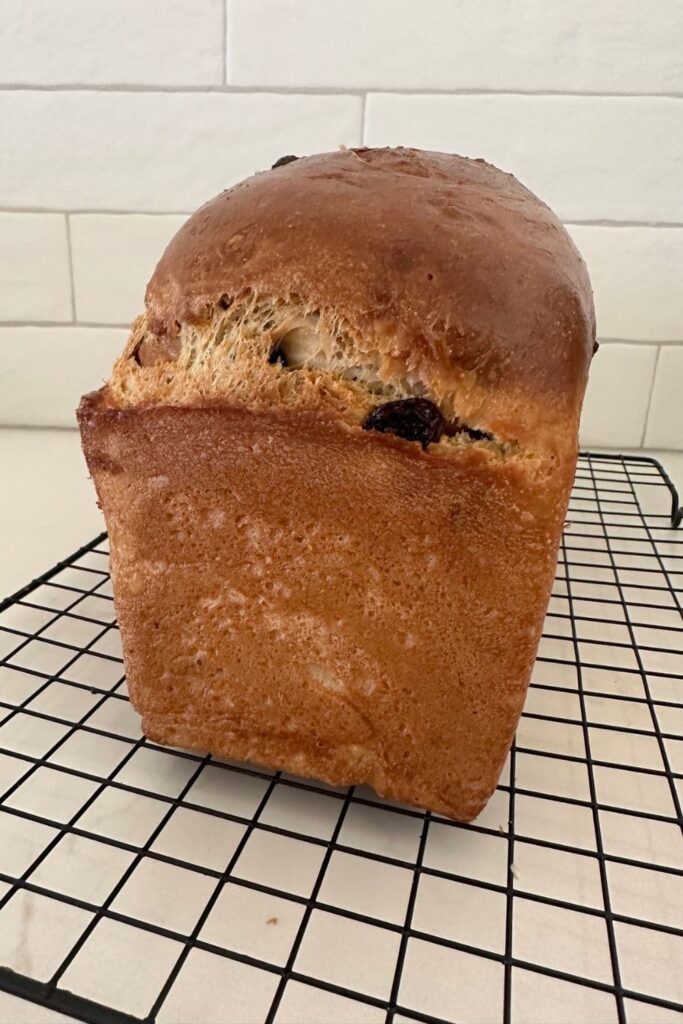 Loaf of sourdough cinnamon raisin sourdough sitting on a black wire cooling rack.