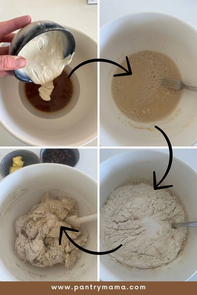 process photos for making sourdough cinnamon raisin loaf - autolysing the dough.