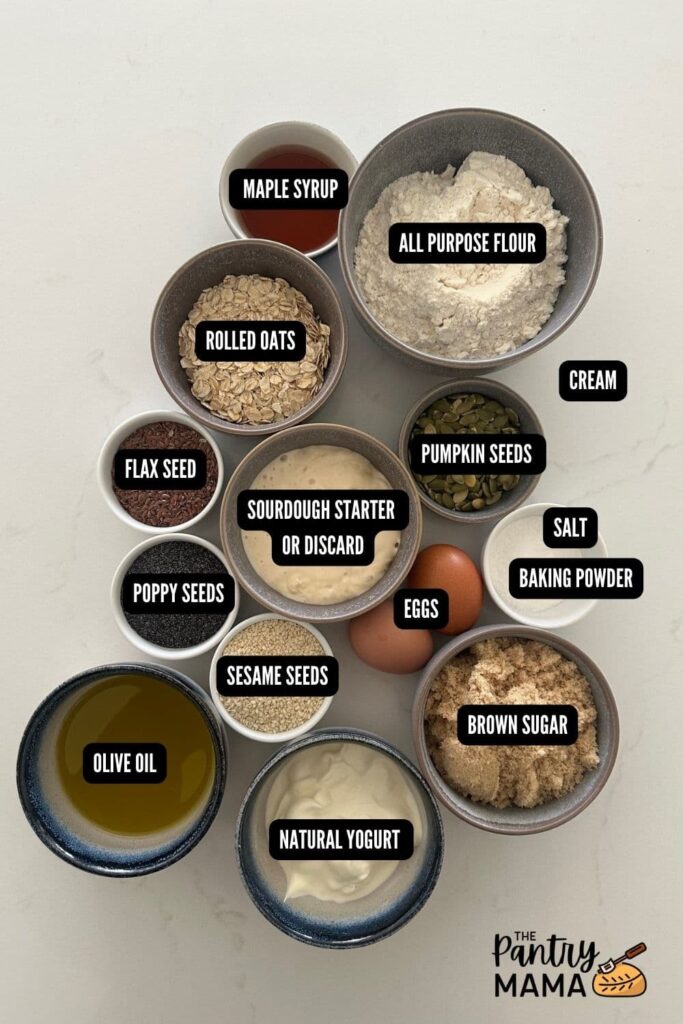 Flat lay of ingredients used to make seedy sourdough breakfast loaf.