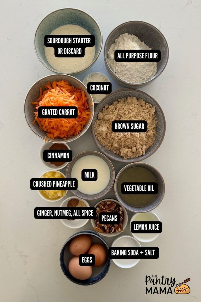 Flat lay of the ingredients used to make a sourdough carrot cake.
