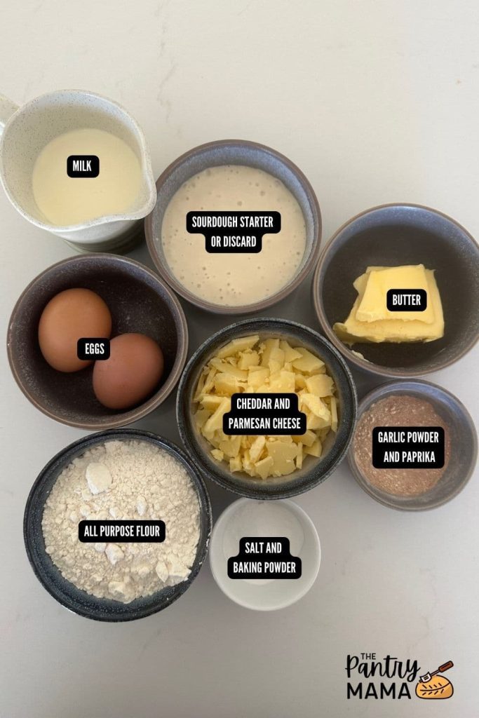 Flat lay of ingredients used to make sourdough cheese waffles.