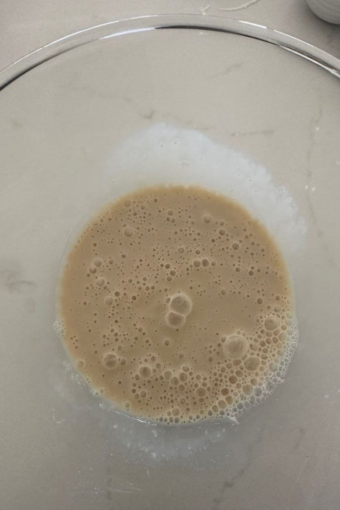 Sourdough starter, milk and brown sugar mixed together until foamy.