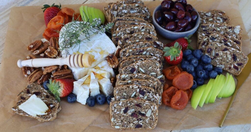 Beautiful gourmet sourdough crackers as part of a cheese platter.