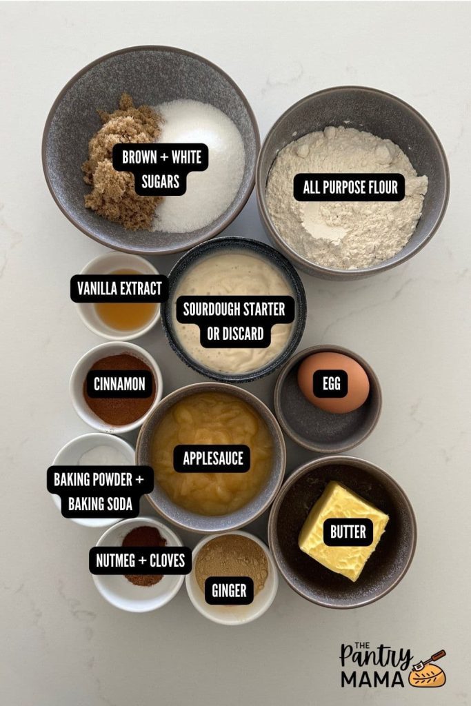 Flat lay of ingredients used to make sourdough gingerbread loaf.