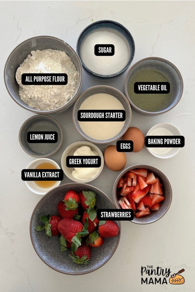 A flat lay of labelled ingredients necessary to make sourdough strawberry cake.
