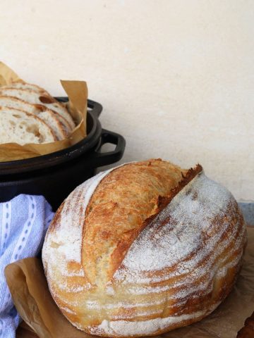 High hydration sourdough bread loaf sitting in front of a Lodge Cast Iron Dutch Oven with another loaf sliced up inside the lid. There is also a light blue dish towel in the photo.