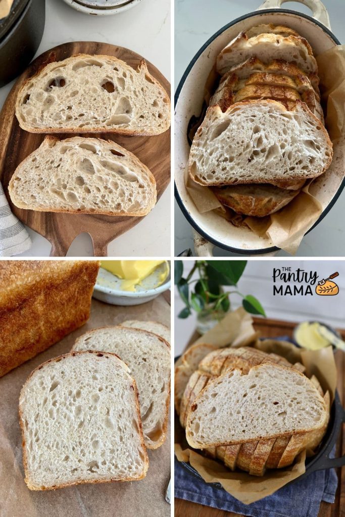 Four photos in the one image. Each of the four photos show a slice of perfect sourdough bread.