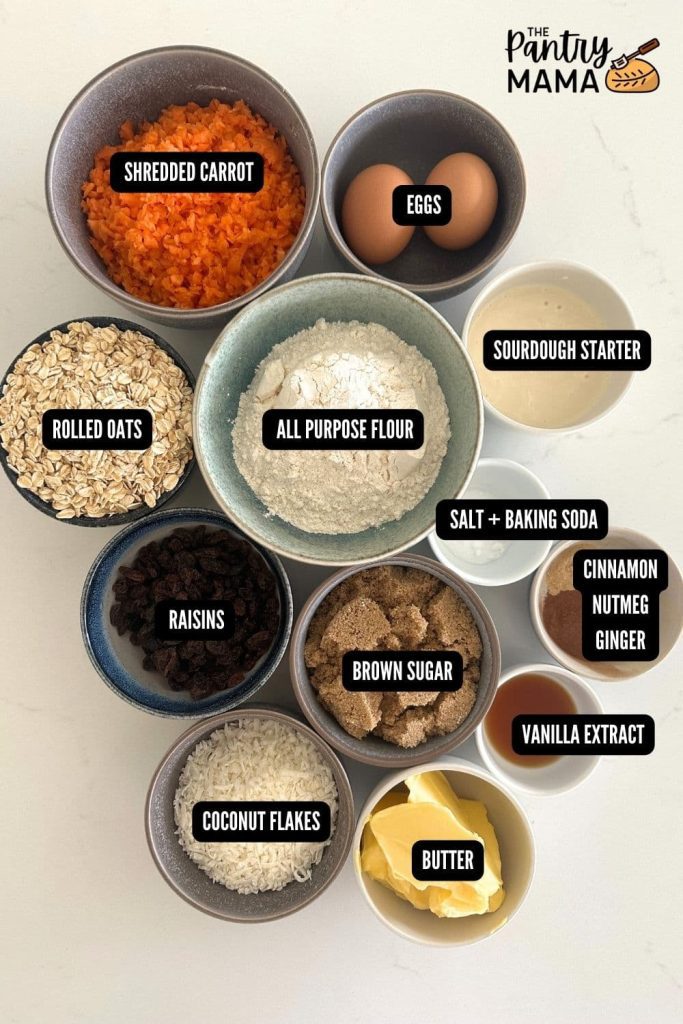 A flat lay of ingredients used to made sourdough carrot cake cookies.