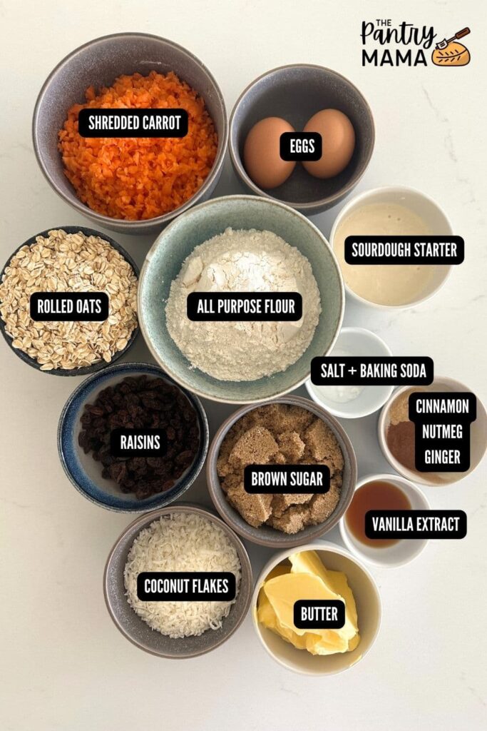 A flat lay of ingredients used to made sourdough carrot cake cookies.