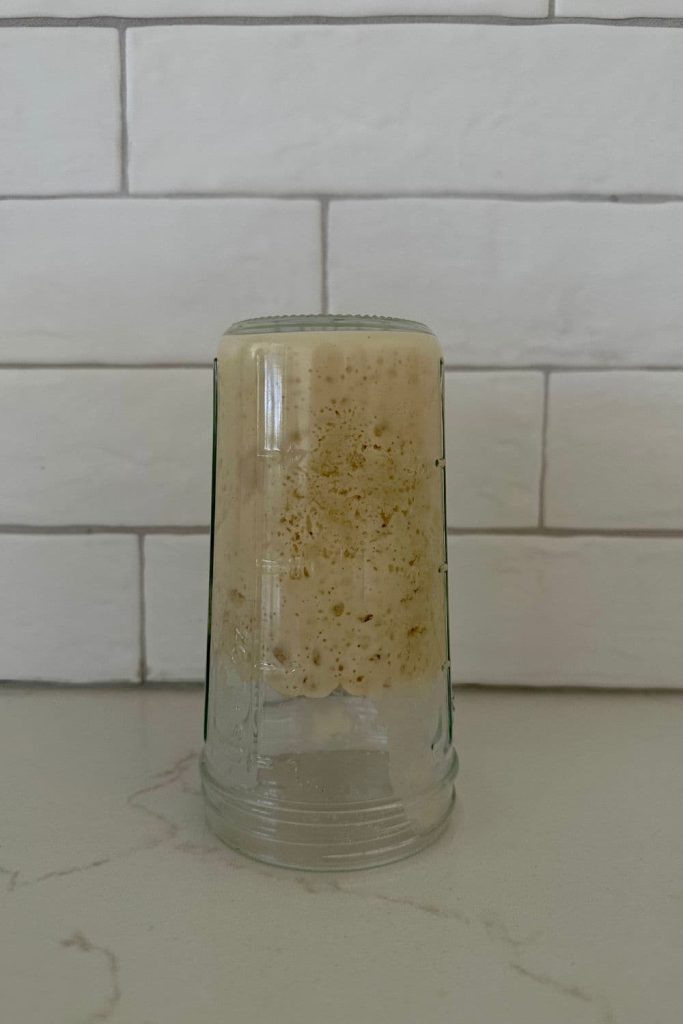 A jar of stiff sweet sourdough leavin tipped upside down to show that it is so thick that it will not fall out of the jar.