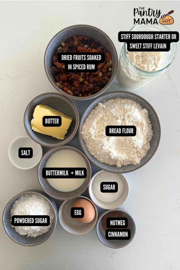 A flat lay of ingredients necessary to make sourdough stollen bread