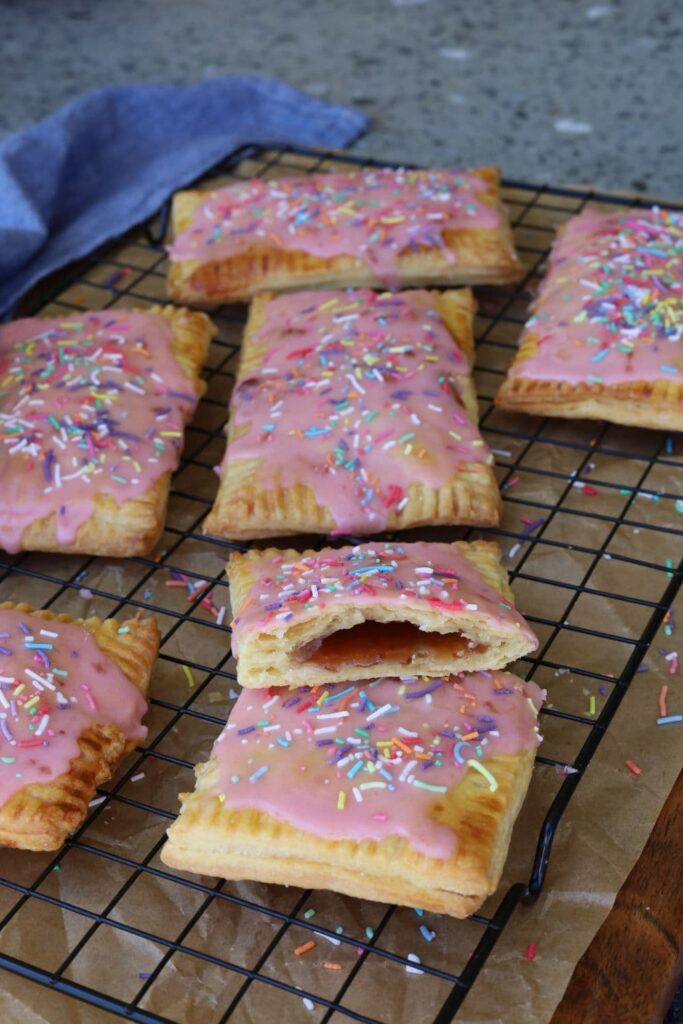 Frosted sourdough strawberry pop tarts ready to celebrate Valentine's Day breakfast.