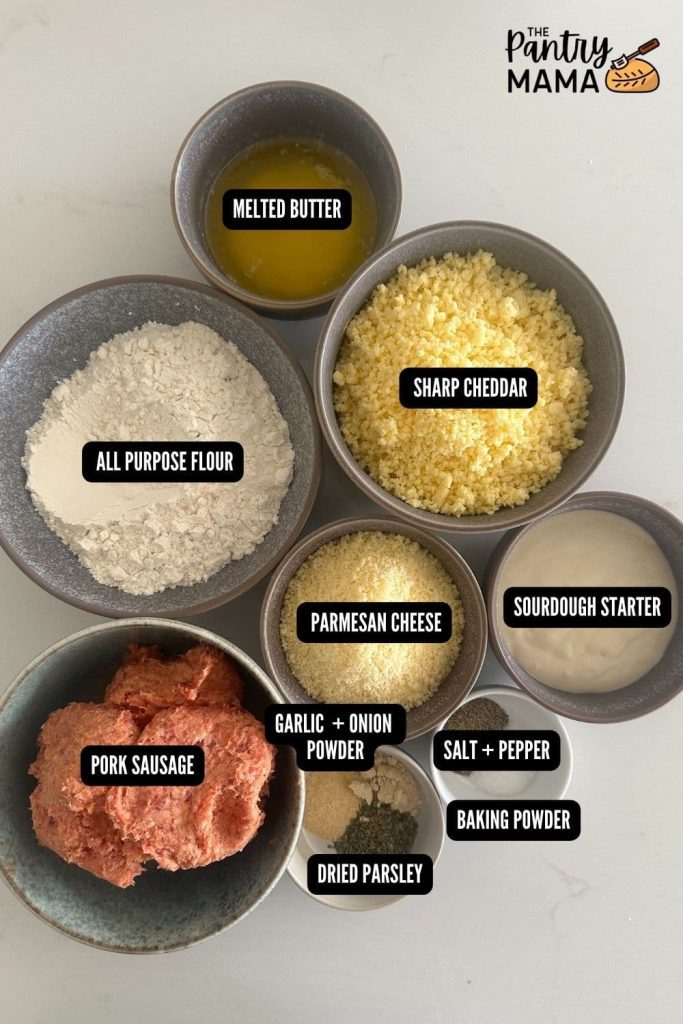Flat lay of ingredients necessary to make sourdough sausage balls.