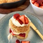 A sourdough strawberry shortcake dressed with vanilla whipped cream and fresh strawberries.