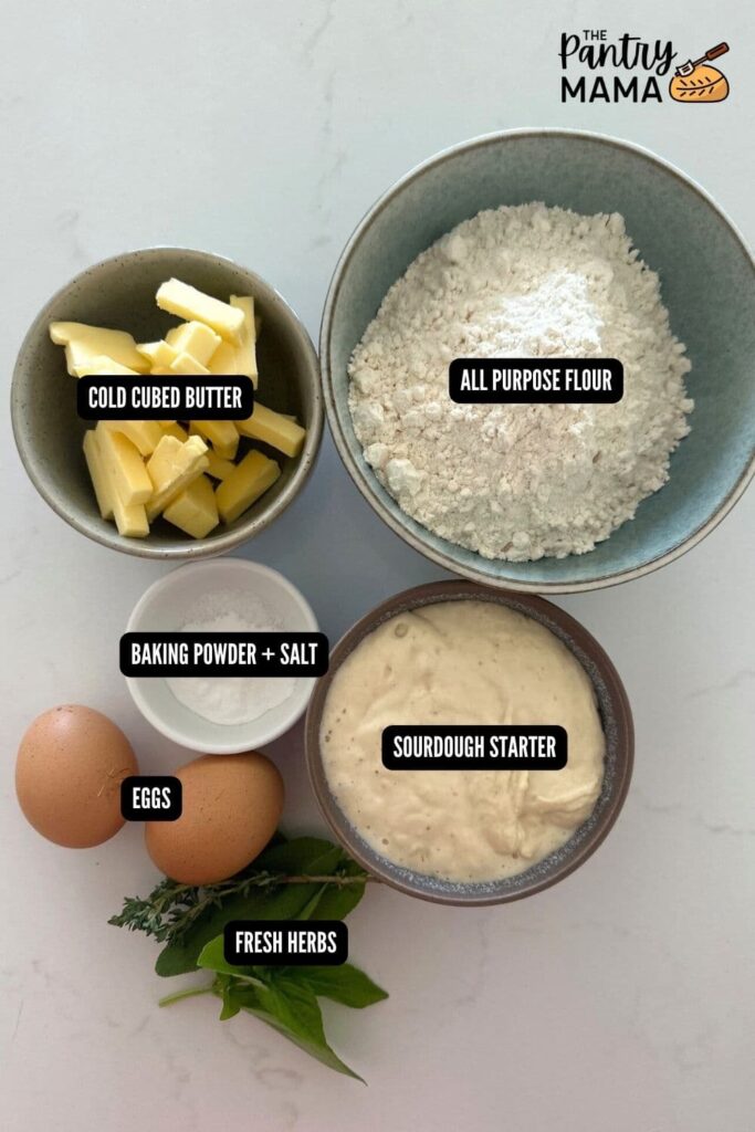 Flat lay of ingredients used to make sourdough herb dumplings for sourdough Irish stew.