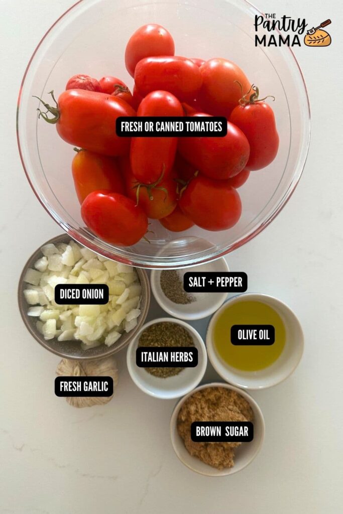 Flat lay of ingredients necessary to make homemade pizza sauce recipe for sourdough pizza.