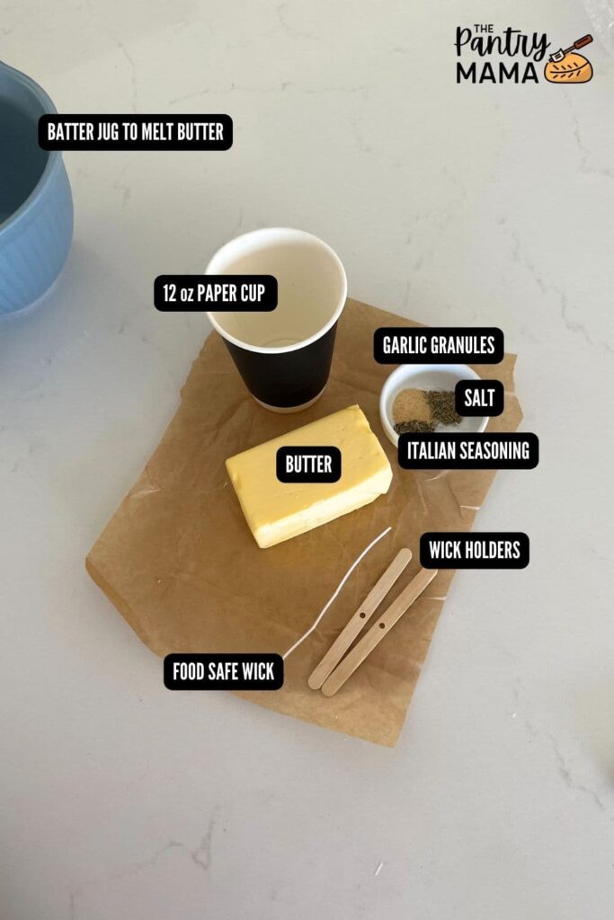 A flat lay of the equipment and ingredients needed to make a butter candle.