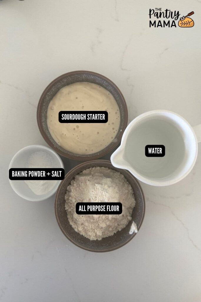 Flat lay of ingredients used to make sourdough crumpets.