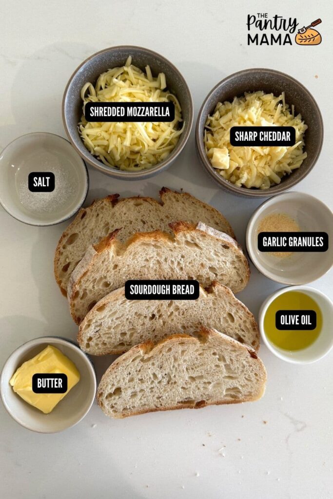 Flat lay of ingredients necessary to make a sourdough grilled cheese sandwich.