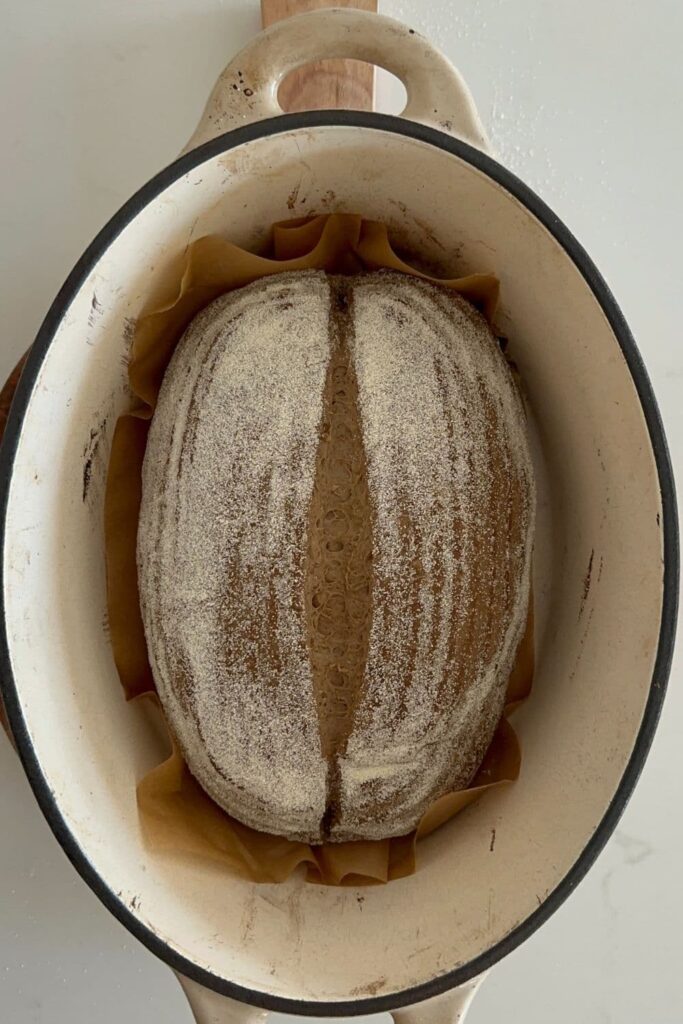 A loaf of Guinness sourdough bread waiting to be baked. The dough is sitting in a cream enamel Dutch Oven.