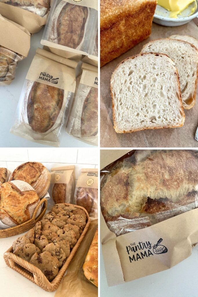 4 photos of sourdough bread packaged ready to sell from a sourdough home bakery.