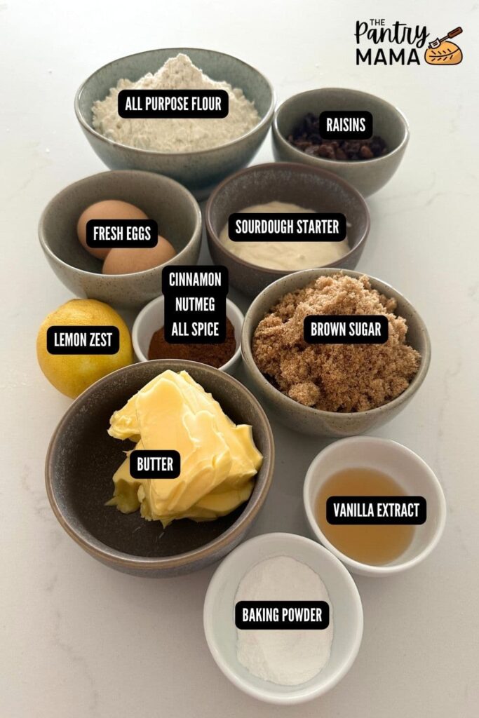 A flat lay of ingredients necessary to make sourdough hot cross cookies.