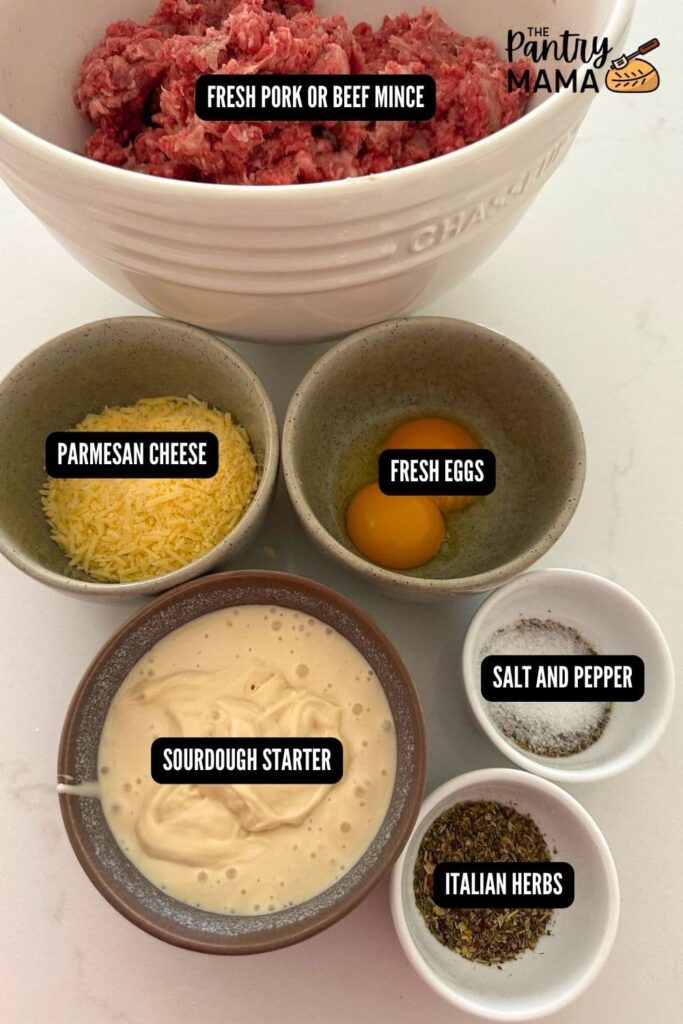 Flat lay of ingredients necessary to make sourdough meatballs.