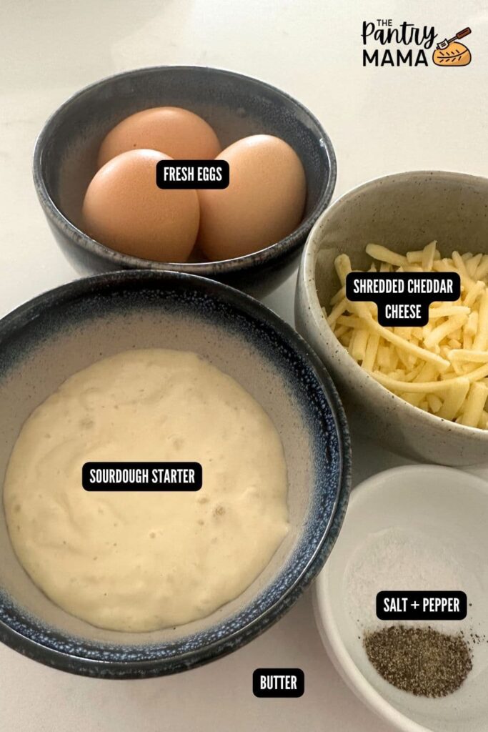 Flat lay of ingredients necessary to make sourdough scrambled eggs.