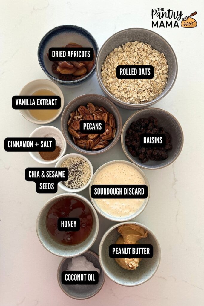 Flat lay of ingredients necessary to make baked sourdough granola bars.
