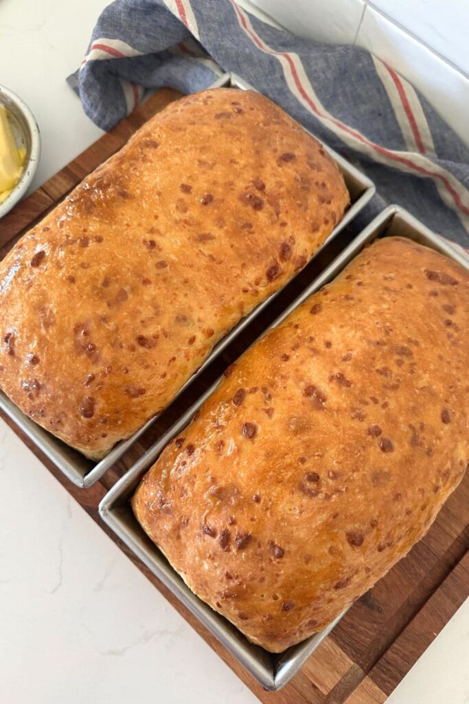 2 loaves of golden sourdough cheese bread sitting in 1.5 pound USA loaf pans.