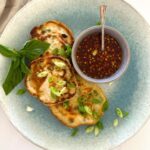 Quick sourdough discard scallion pancakes served with chili soy dipping sauce. Recipe Feature Image