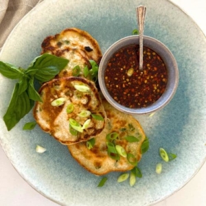 Quick sourdough discard scallion pancakes served with chili soy dipping sauce. Recipe Feature Image