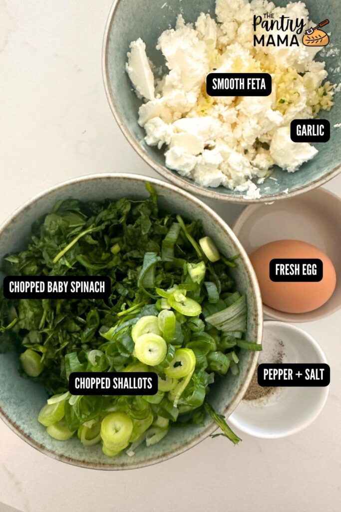 A photo of the ingredients necessary to make the spinach and feta filling for sourdough gozleme.