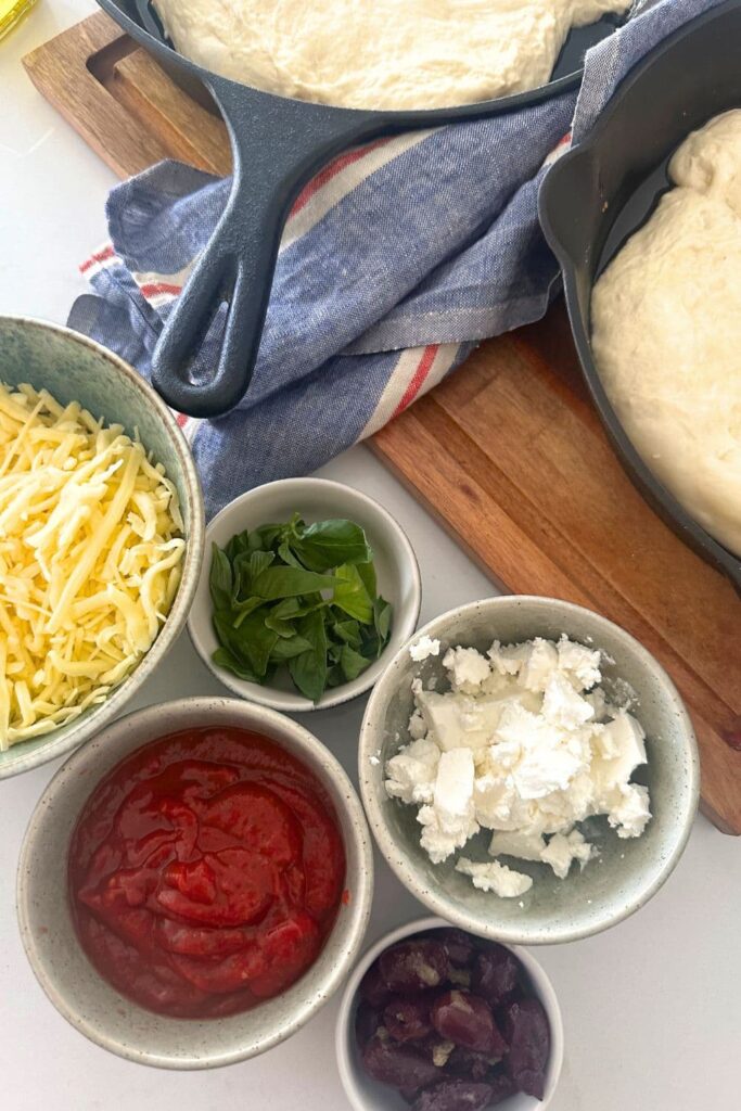 Pizza toppings for sourdough pizza focaccia bread.