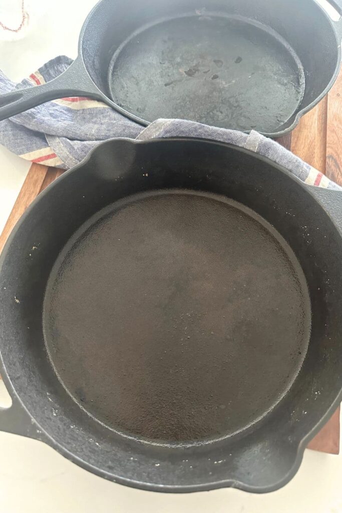 Close up of a 12" cast iron skillet ready to bake sourdough recipes.