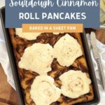 SOURDOUGH CINNAMON ROLL PANCAKES BAKED IN A SHEET PAN - PINTEREST IMAGE