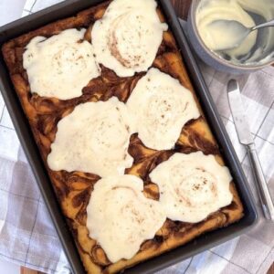 SOURDOUGH CINNAMON ROLL PANCAKES BAKED IN A SHEET PAN