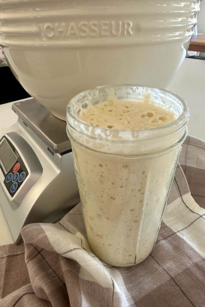 Jar of active sourdough starter sitting on a checked fabric napkin. You can see a digital scale in the background of the photo.