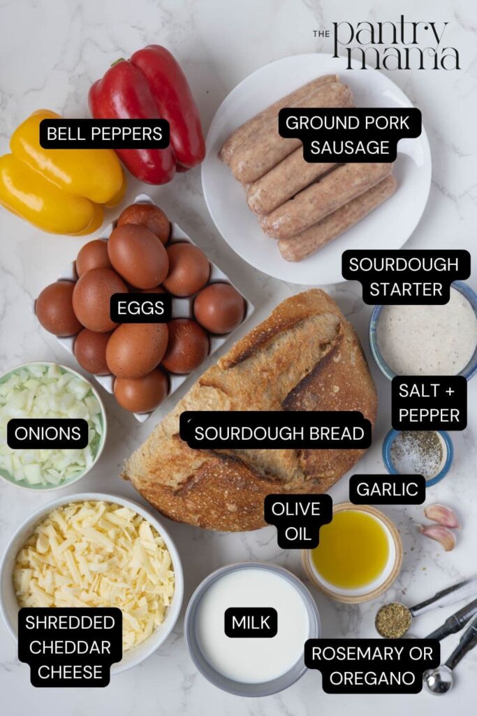 Flat lay of ingredients necessary for making a sourdough breakfast casserole. 