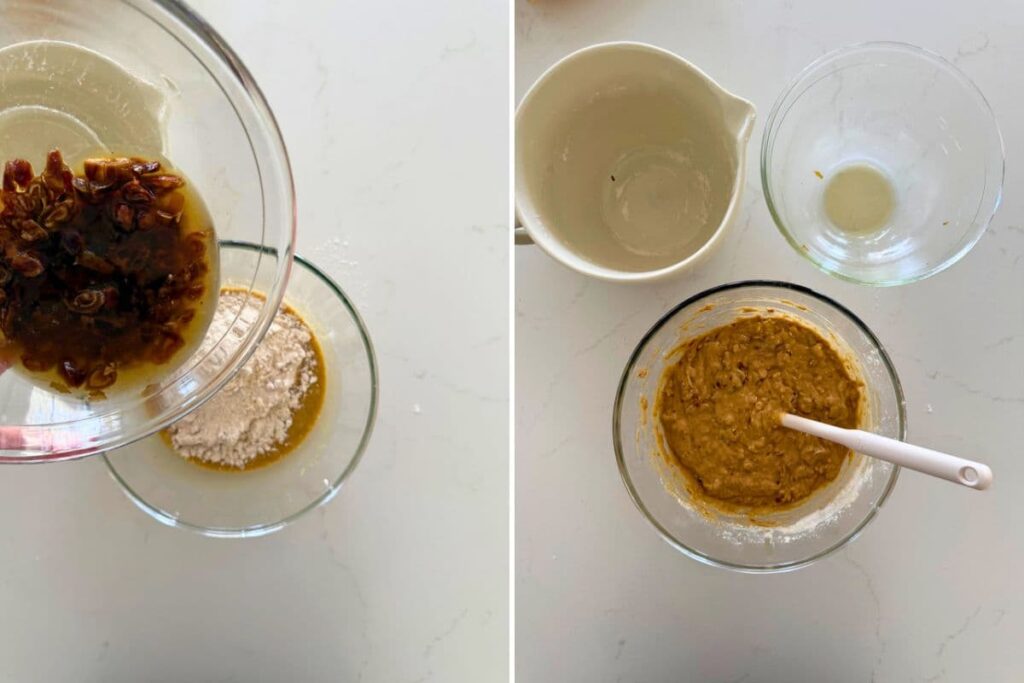 Two photos to show adding the dry ingredients and soaked dates to wet ingredients to make the batter for sourdough date and walnut loaf cake.