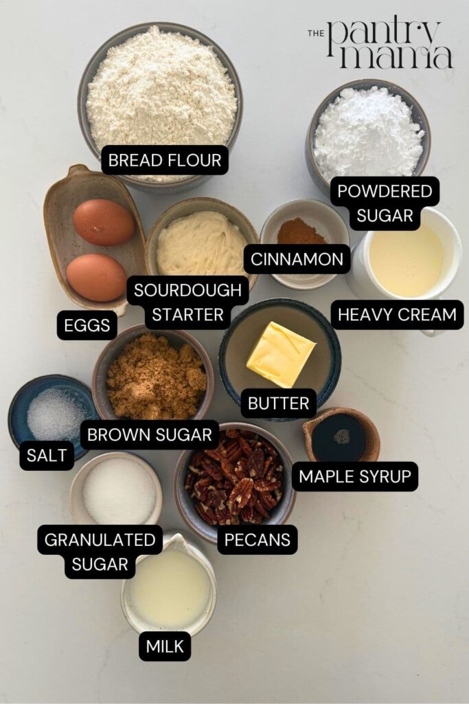 Flat lay of ingredients necessary to make sourdough maple pecan rolls.