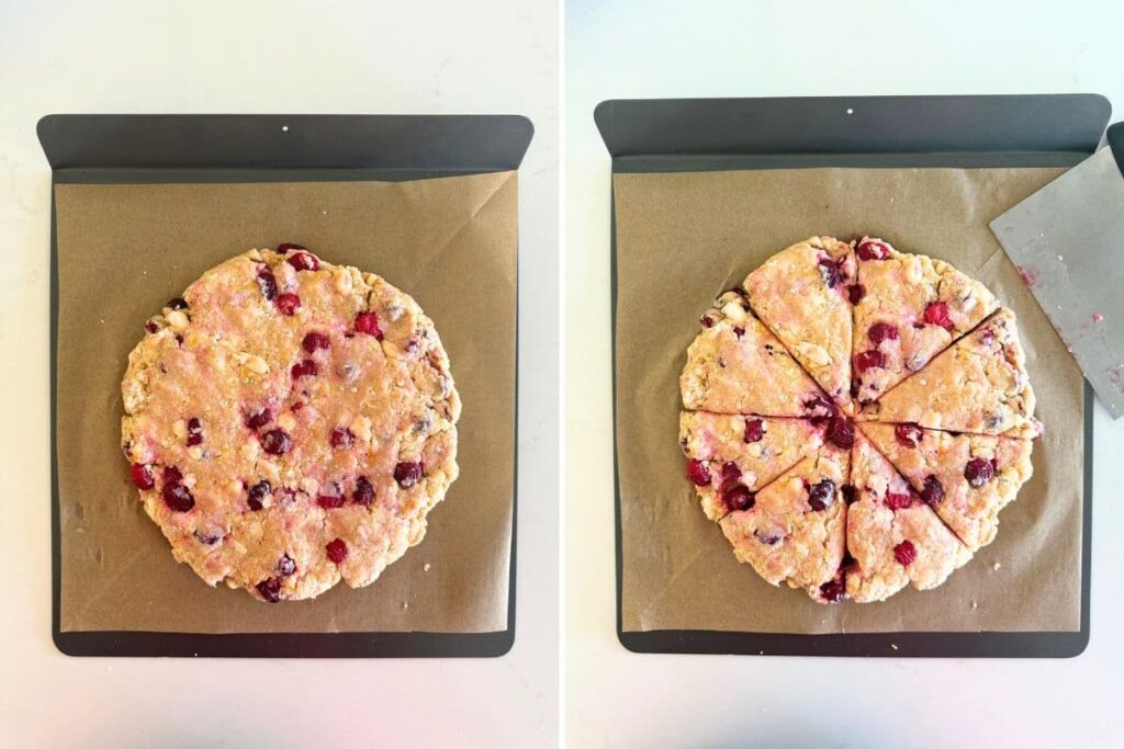 Two photos to show dough for sourdough orange and cranberry scones on baking sheet. One photo to show round dough cut into triangles.