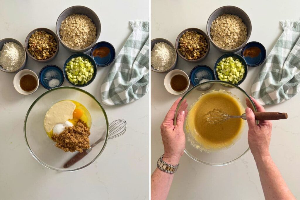 Two photos to show mixing the wet ingredients and sugar together for the dough to make apple cinnamon sourdough oatmeal cookies.