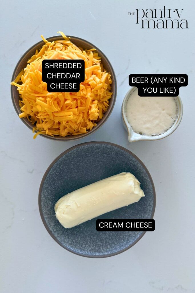 Flat lay of ingredients necessary to create 3 ingredient beer cheese dip.