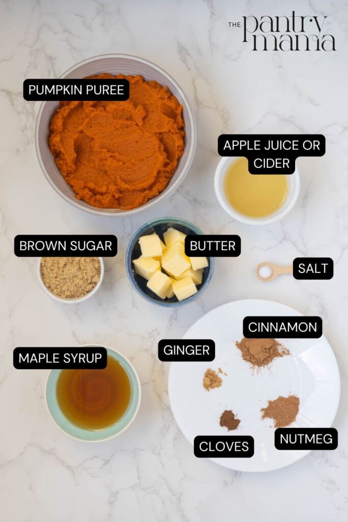 Flat lay of ingredients necessary to make pumpkin butter.