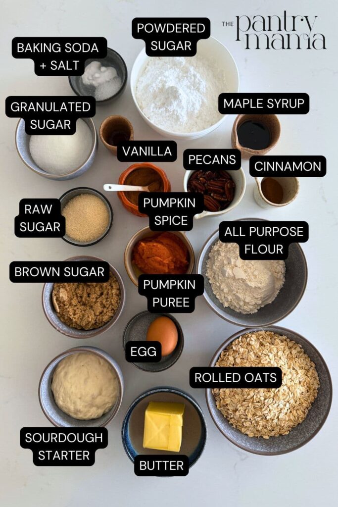 Flat lay of ingredients necessary to make a sourdough pumpkin cookie crumble skillet.