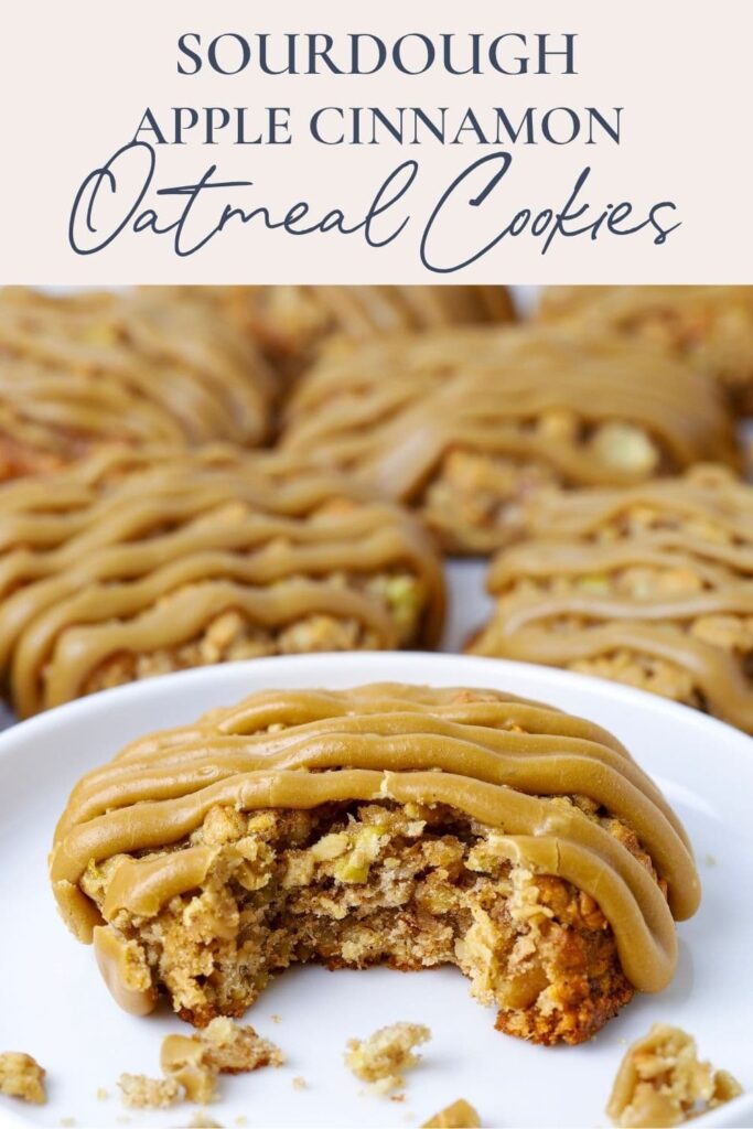 Pinterest pin for apple cinnamon sourdough oatmeal cookies showing text overlay and a cookie with a bite taken out on plate.