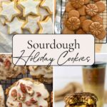 Four photos of sourdough holiday cookies including sourdough sugar cookies, sourdough biscoff cookies, sourdough maple oatmeal cookies, and sourdough oatmeal chocolate chip cookies.
