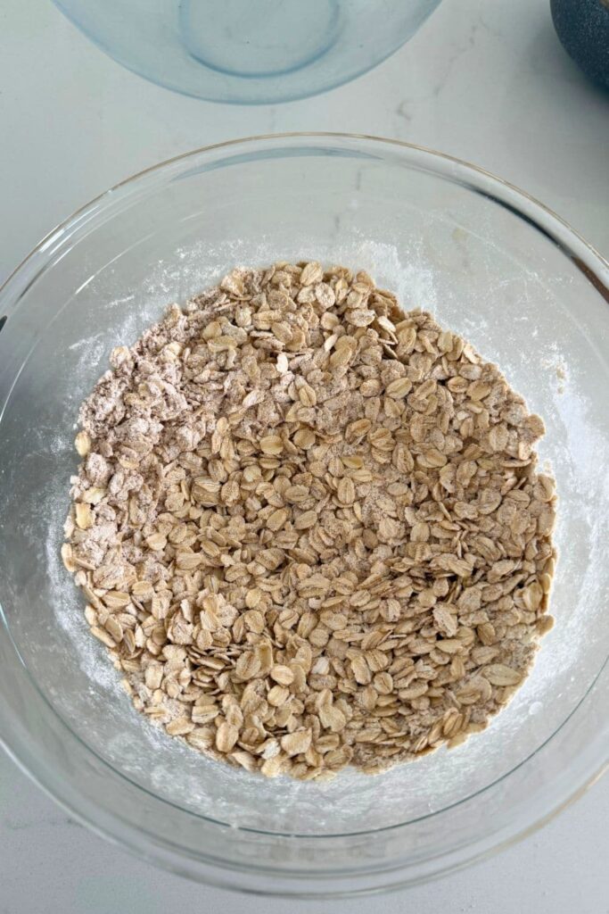 A bowl of dry ingredients mixed together to make sourdough honey oat cookies.