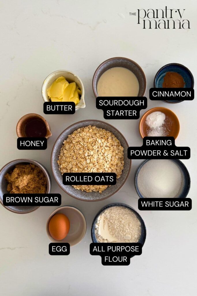 Labeled ingredients on counter to make sourdough honey oat cookies.